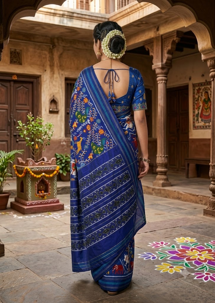 Authentic Royal Blue Designer Ikkat Patola Silk Saree with Traditional Motifs