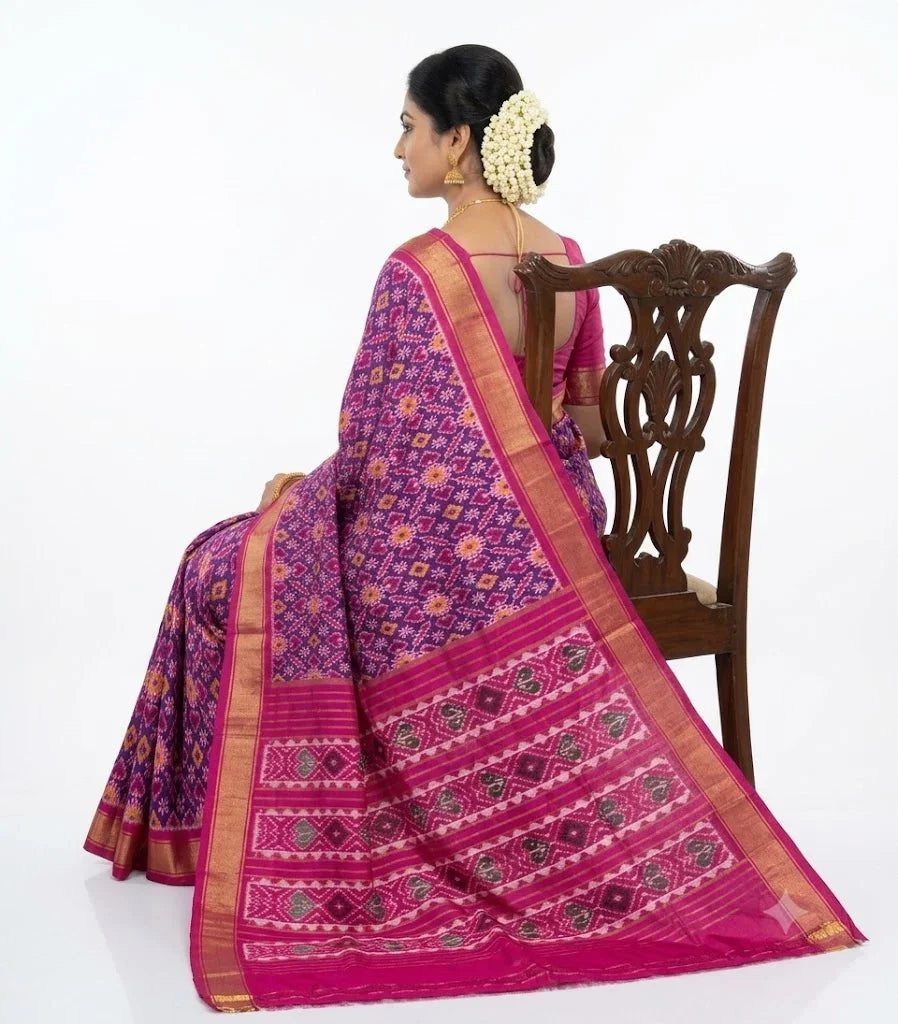 Pochampally Ikkat Silk Patola Royal Purple and Pink Saree - pochampallysarees.com