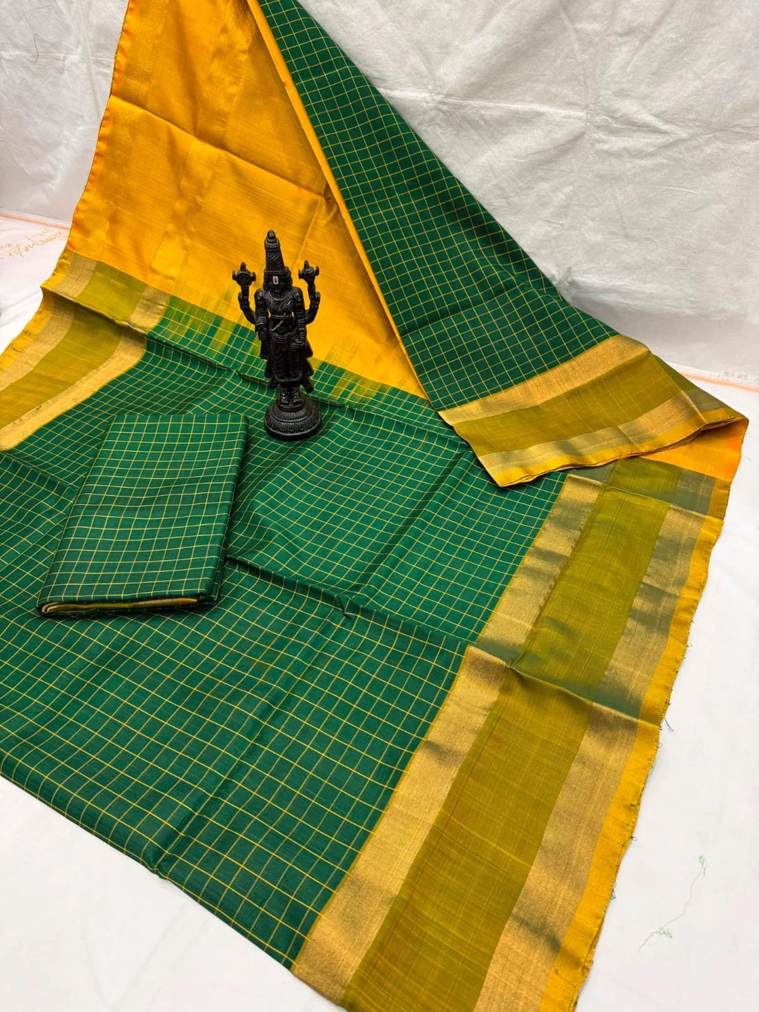 Vibrant Yellow & Bottle Green Checkered Uppada Pattu Saree - pochampallysarees.com