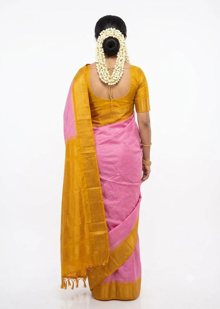 Handwoven Gadwal Silk Saree in Vibrant Pink with Rich Mustard Yellow Pallu - pochampallysarees.com