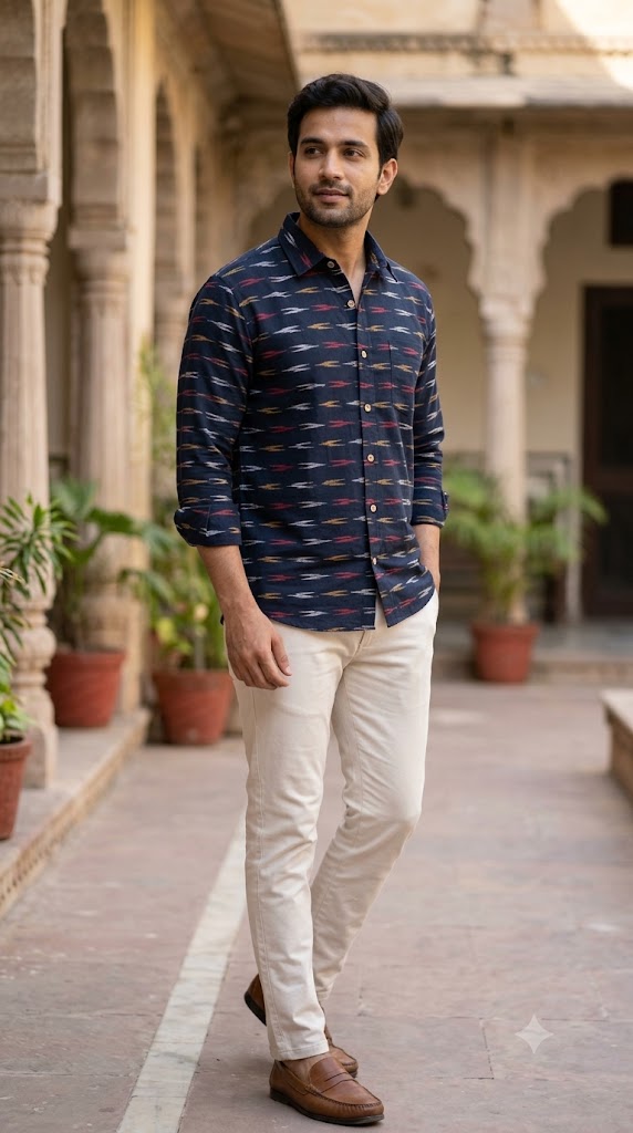 Pure Cotton Ikkat Navy Blue With White Yellow Pink