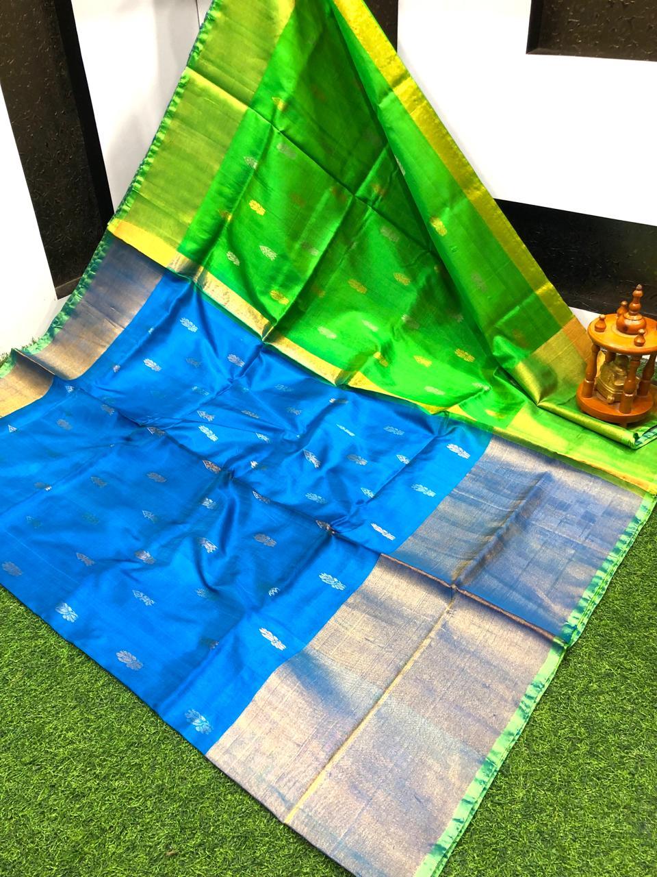 Vibrant Bright Blue & Green Uppada Pattu Saree with Zari Motifs - pochampallysarees.com
