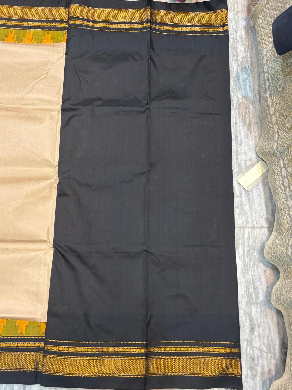 Teal Blue & Black Pure Gadwal Silk Saree with Temple Border - pochampallysarees.com