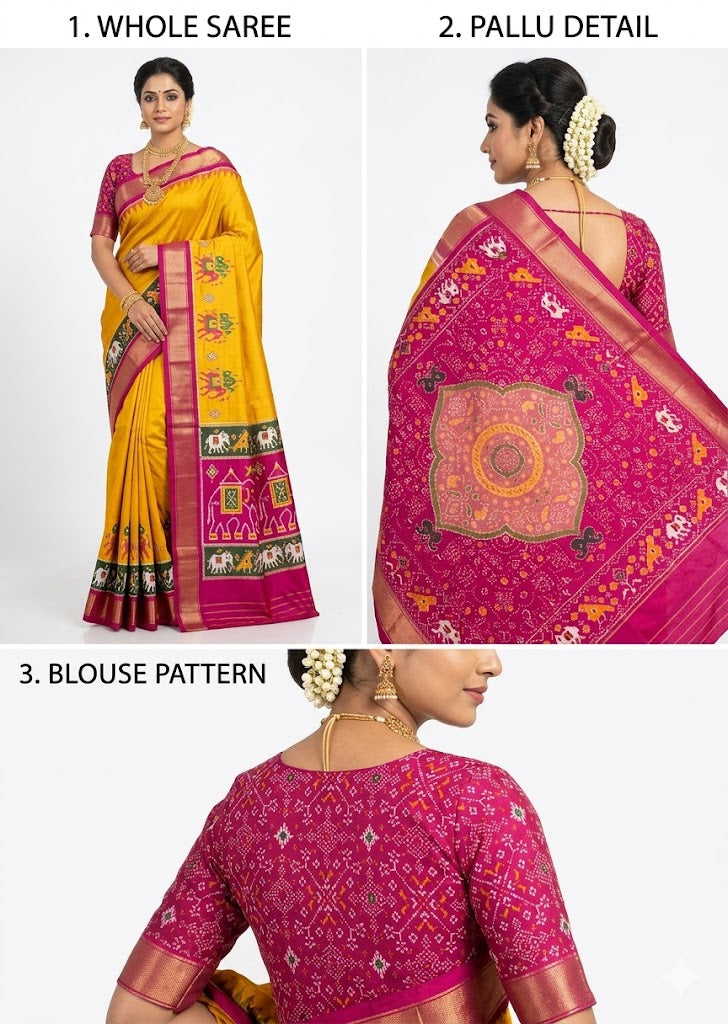 Authentic Pure Ikkat Silk Saree in Yellow & Magenta with Traditional Motifs