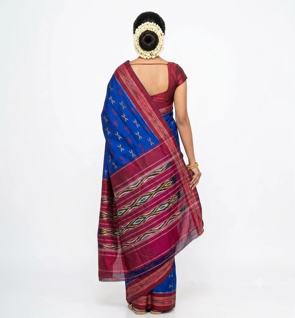 Royal Blue Pochampally Pure Silk Saree with Maroon Ikat Border & Pallu