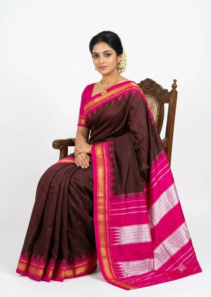 Chocolate Brown Gadwal Silk Saree with Rani Pink Pallu & Temple Border - pochampallysarees.com