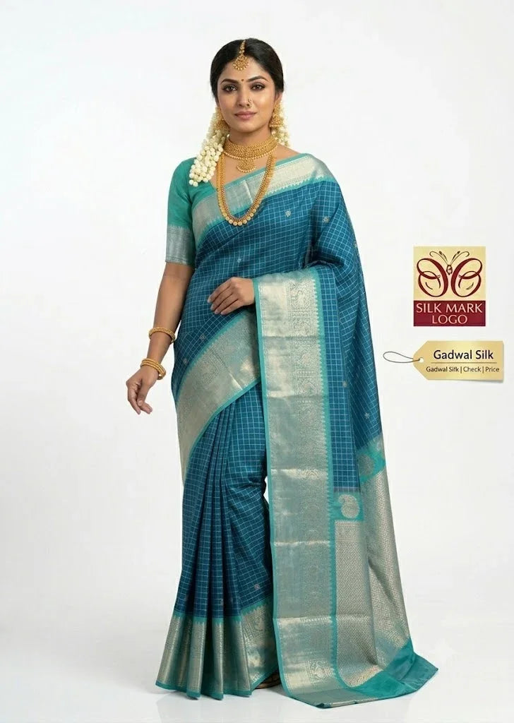 Gadwal Silk Sarees: Classic Royal Blue & Sea Green Checkered Handloom Classics - pochampallysarees.com