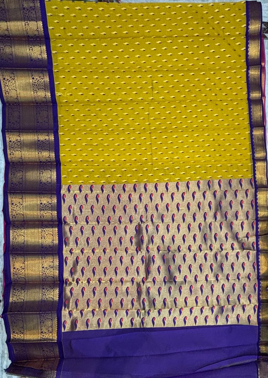 Mustard Yellow Silk Saree with Contrasting Royal Blue & Gold Zari Pallu