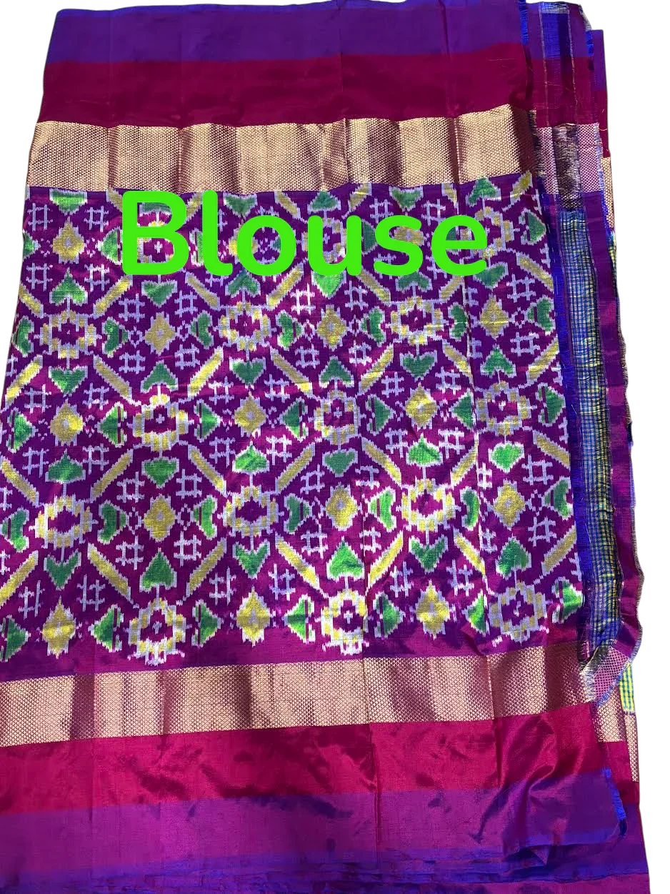 POCHAMPALLY IKKAT SILK BODY GREEN AND YELLOW CHECKS BORDER PURPLE AND PALLU AND BLOUSE IKKAT DESIGN PURPLE SARI - pochampallysarees.com