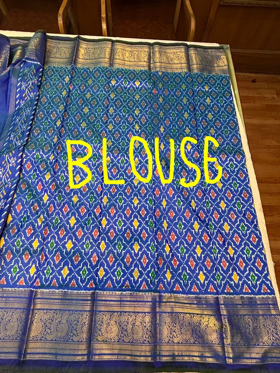 Royal Blue Pochampally Ikat Kanchi Silk Saree with Rich Gold Zari Border & Grand Pallu | Traditional Wedding Pattu Saree - pochampallysarees.com