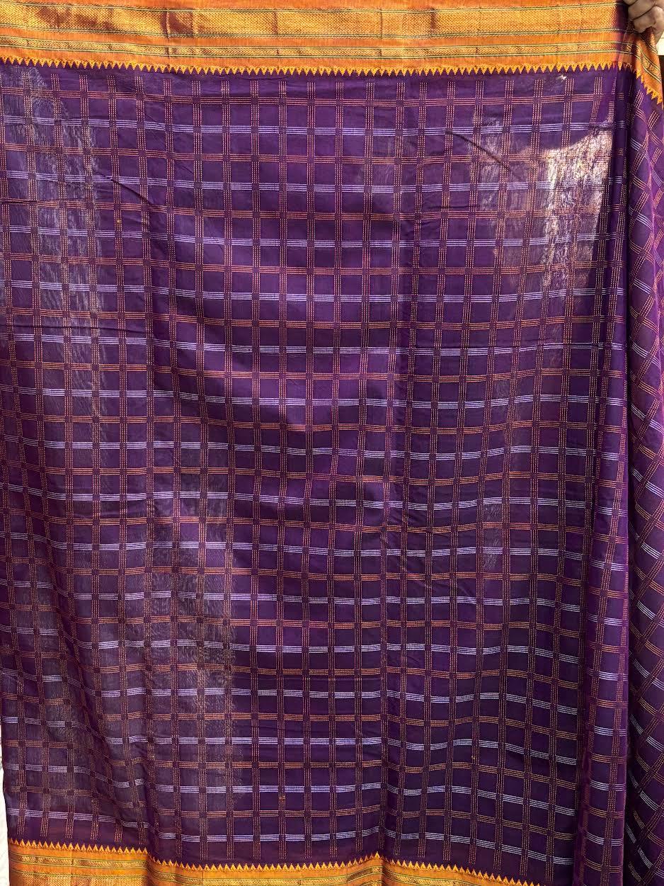 MANGALAGIRI COTTONS BODY LAVENDER CHECKS BORDER YELLOW PALLU AND BLOUSE CHECKS - pochampallysarees.com