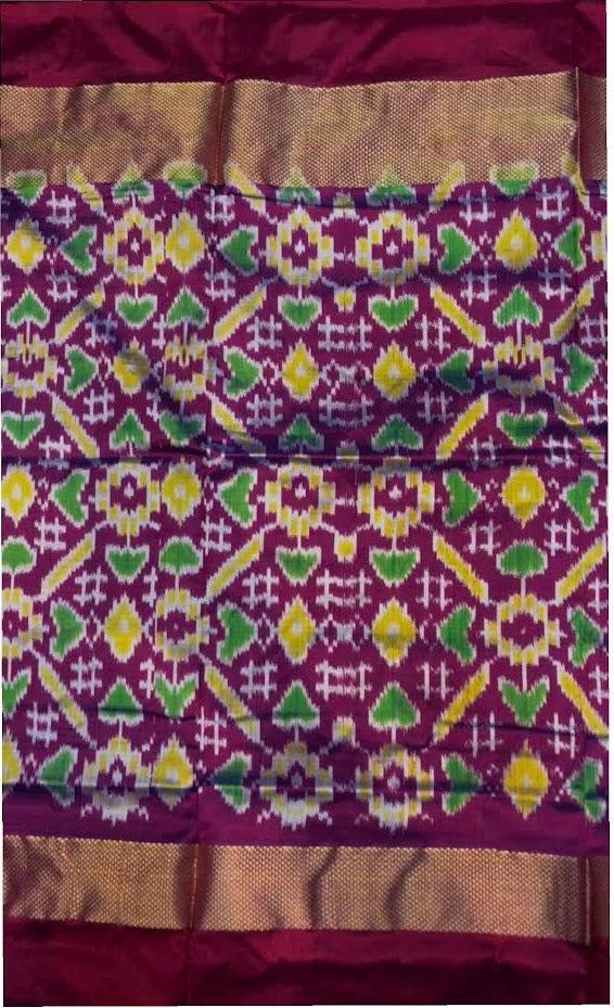 POCHAMPALLY IKKAT SILK MIDDLE PURPLE CHECKS BORDER PALLU AND BLOUSE SAME AS IKKAT DESIGN SARI - pochampallysarees.com