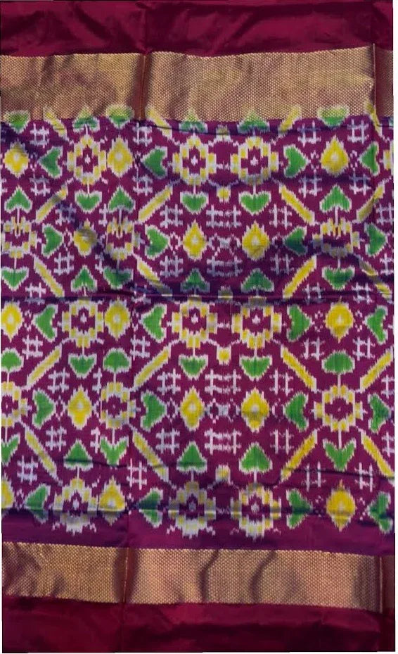 POCHAMPALLY IKKAT SILK MIDDLE PURPLE CHECKS BORDER PALLU AND BLOUSE SAME AS IKKAT DESIGN SARI - pochampallysarees.com