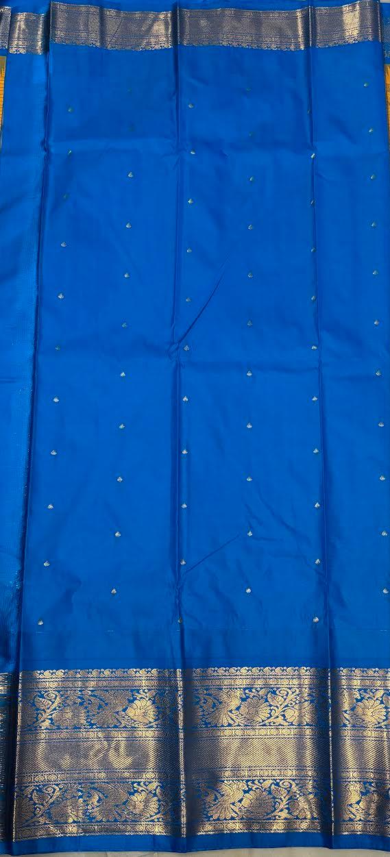 PURE GADWAL SILK YELLOW BODY BUTTI BROWN PALLU BLUE BIG BORDER AND BLOUSE BLUE SAREE - pochampallysarees.com