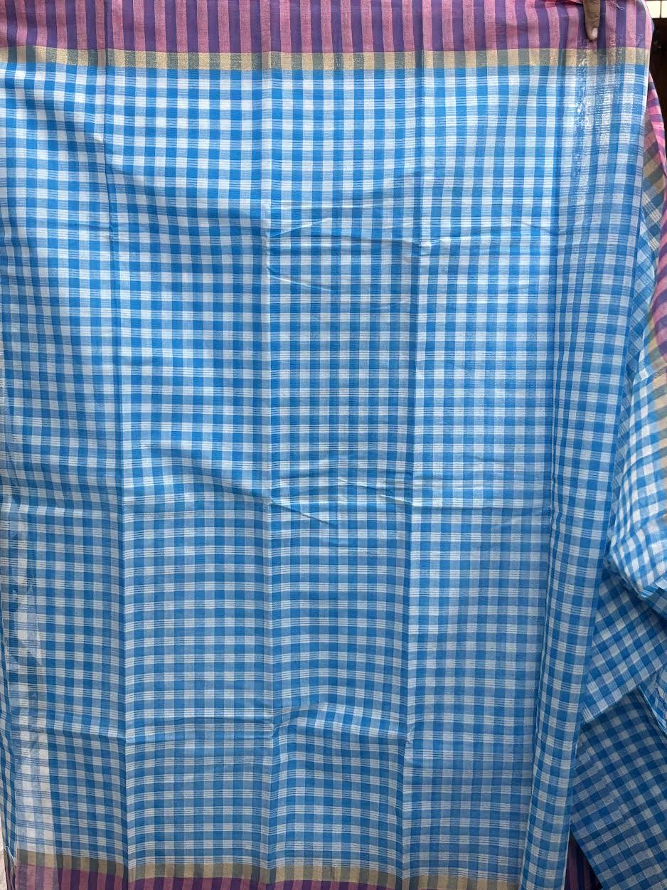 MANGALAGIRI COTTONS BODY WHITE BLUE CHECKS BORDER PINK PALLU AND BLOUSE CHECKS - pochampallysarees.com