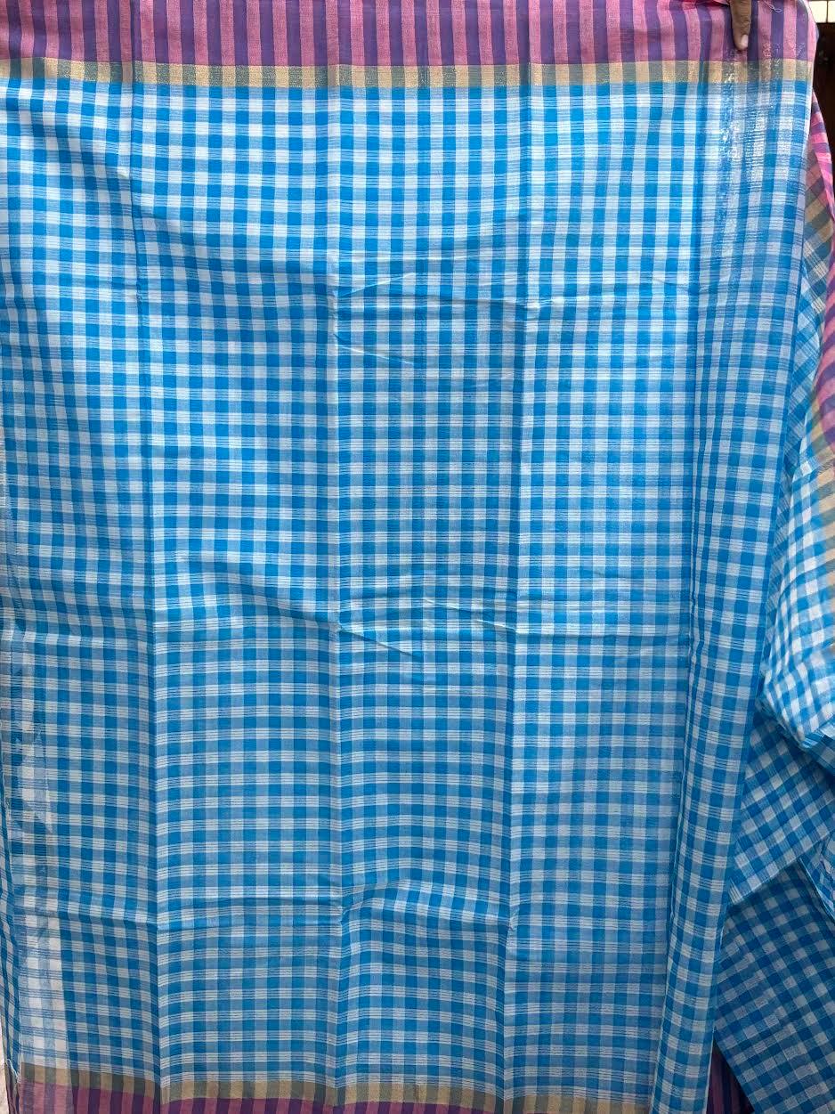 MANGALAGIRI COTTONS BODY WHITE BLUE CHECKS BORDER PINK PALLU AND BLOUSE CHECKS - pochampallysarees.com