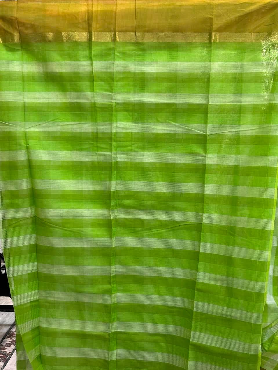 MANGALAGIRI COTTONS BODY GREEN WHITE CHECKS BORDER GREN PALLU AND BLOUSE CHECKS - pochampallysarees.com