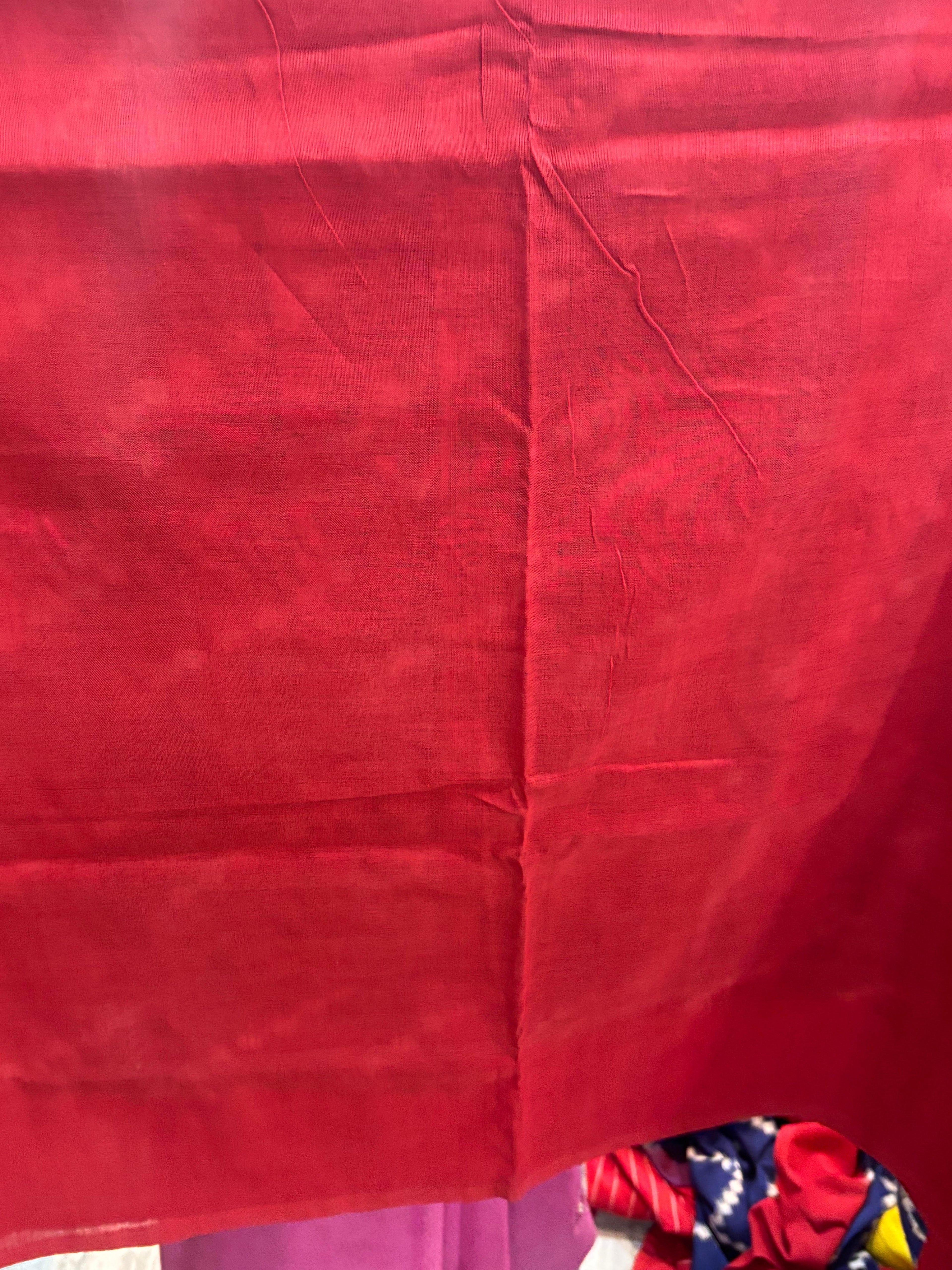 POCHAMPALLY DOUBLE IKKAT COTTON BLUE BODY BORDER RED SARI RED BLOUSE - pochampallysarees.com