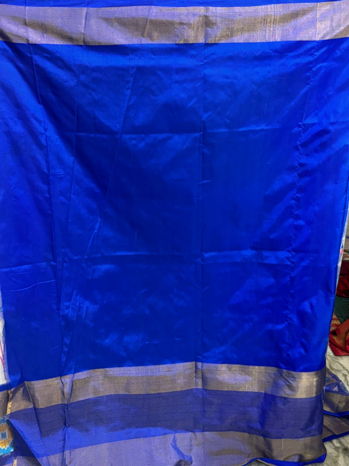 Pure Pochampally Ikkat Silk Kalamkari Designer Blue White Sari