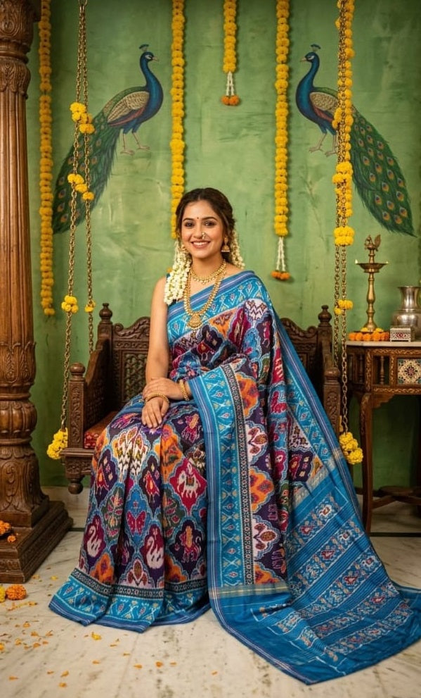 A smiling woman sitting on a traditional wooden swing wearing a vibrant blue Ikkat Patola silk saree featuring intricate purple and orange geometric and animal motifs.