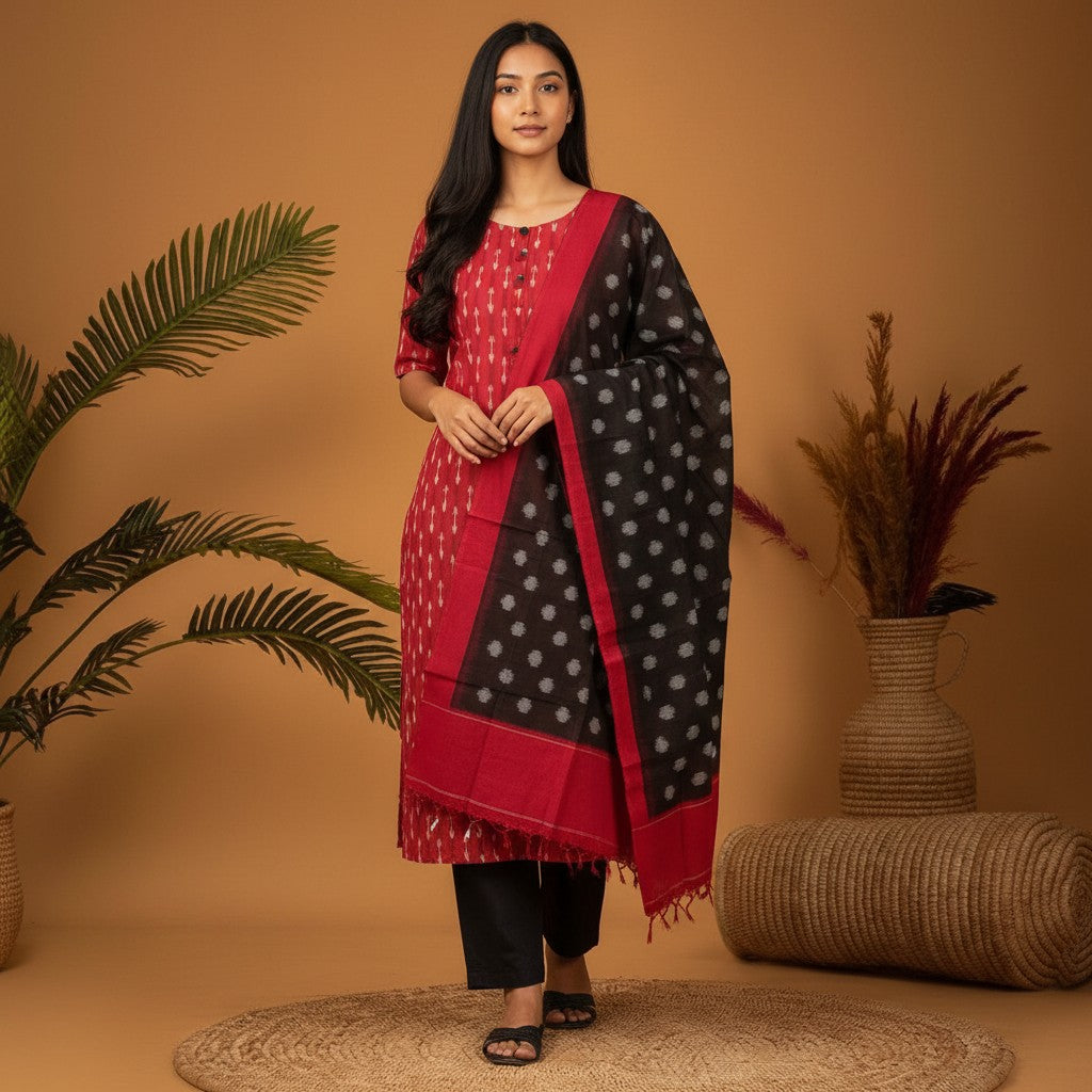 POCHAMPALLY DOUBLE IKKAT COTTON TOP RED PANT BLACK DUPATTA BLACK SUITE - pochampallysarees.com
