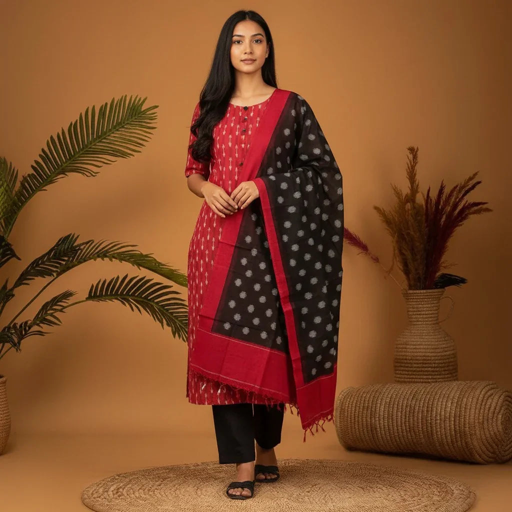 POCHAMPALLY DOUBLE IKKAT COTTON TOP RED PANT BLACK DUPATTA BLACK SUITE - pochampallysarees.com
