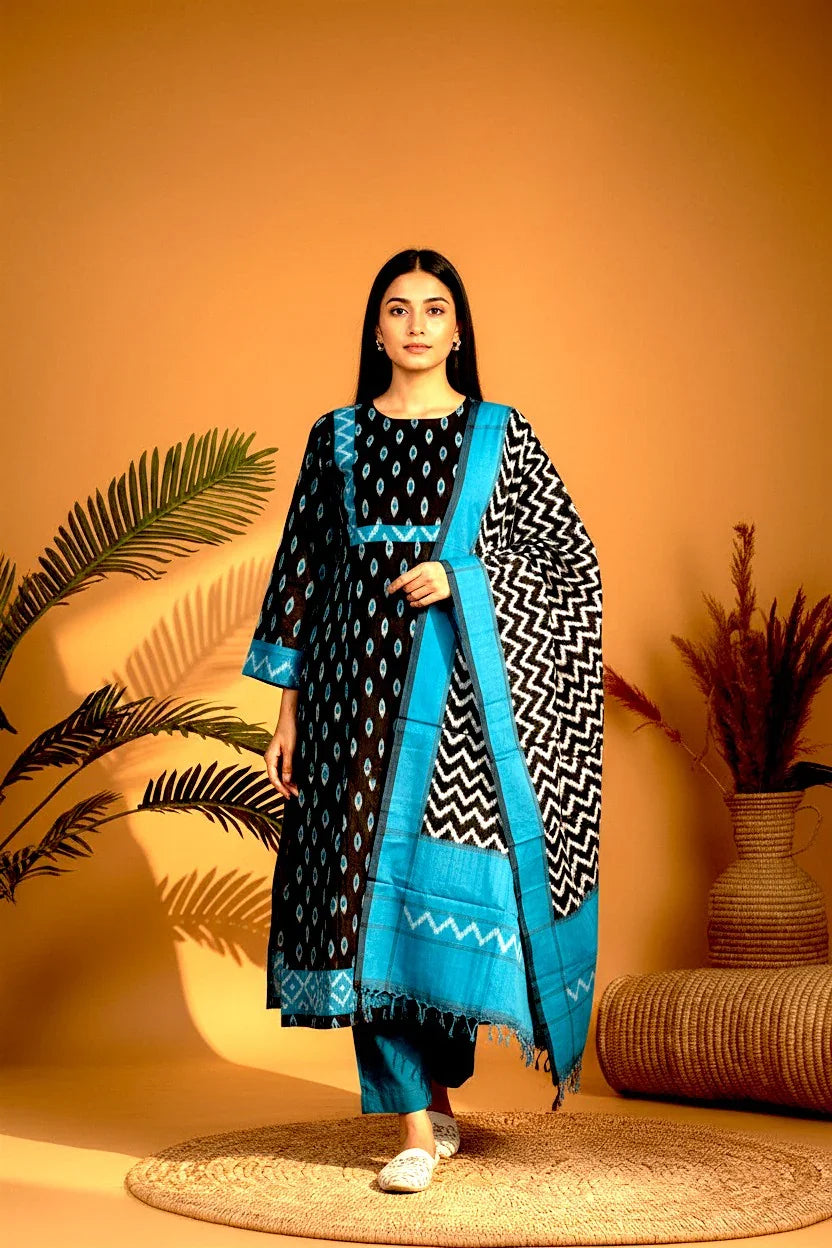 POCHAMPALLY DOUBLE IKKAT COTTON TOP BLACK PANT BLUE DUPATTA BLACK SUITE -C14 - pochampallysarees.com