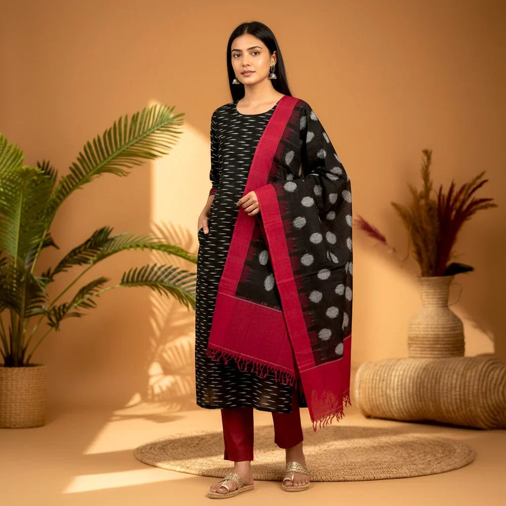 POCHAMPALLY DOUBLE IKKAT COTTON TOP BLACK PANT RED DUPATTA BLACK SUITE -c62 - pochampallysarees.com