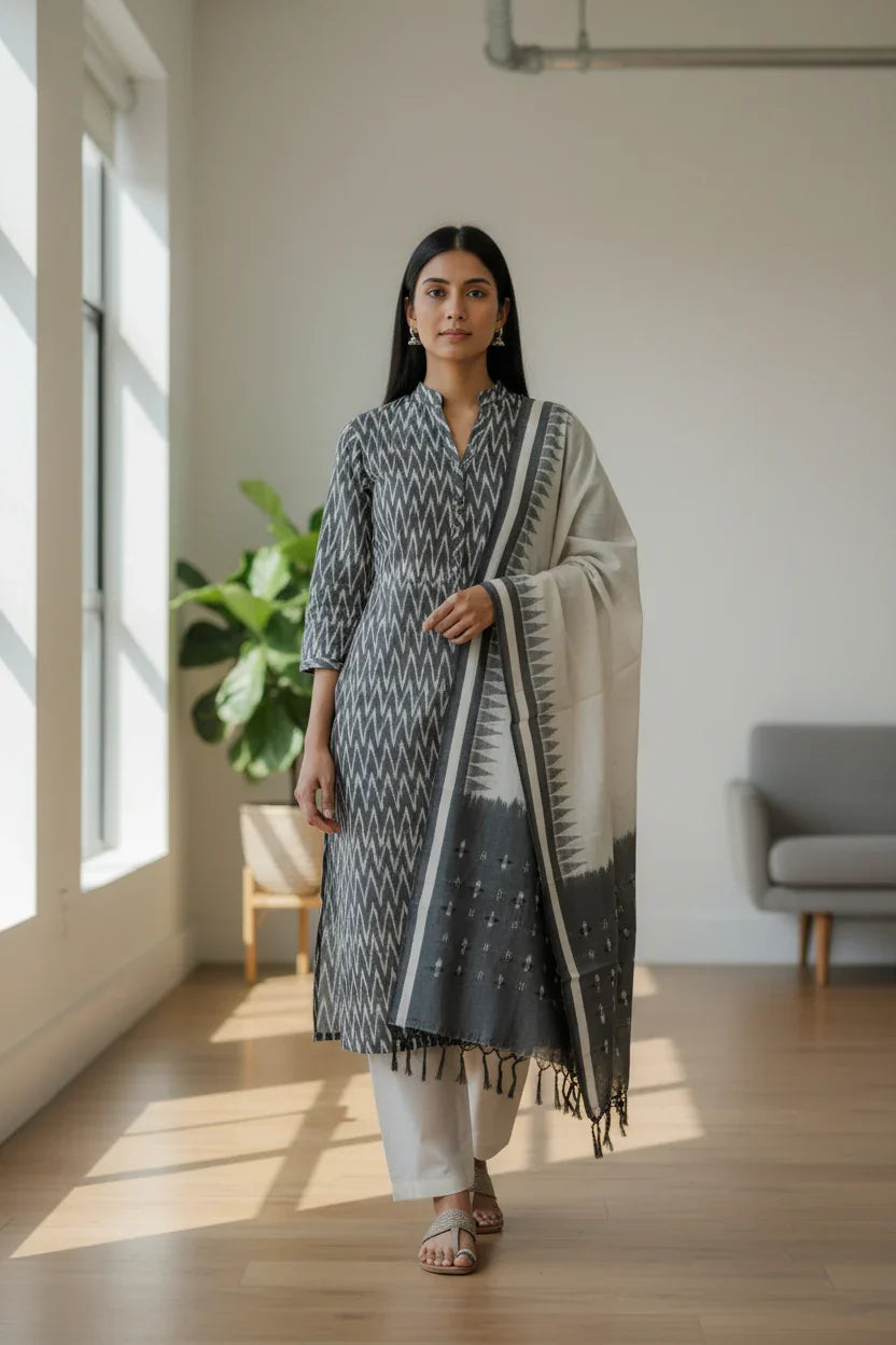 Pochampally Double Ikkat Cotton Suit Gray Top Pant White - C72 - pochampallysarees.com