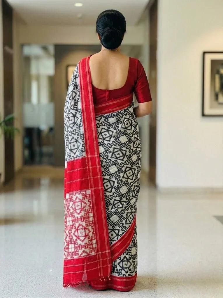 POCHAMPALLY DOUBLE IKKAT COTTON WHITE RED SARI