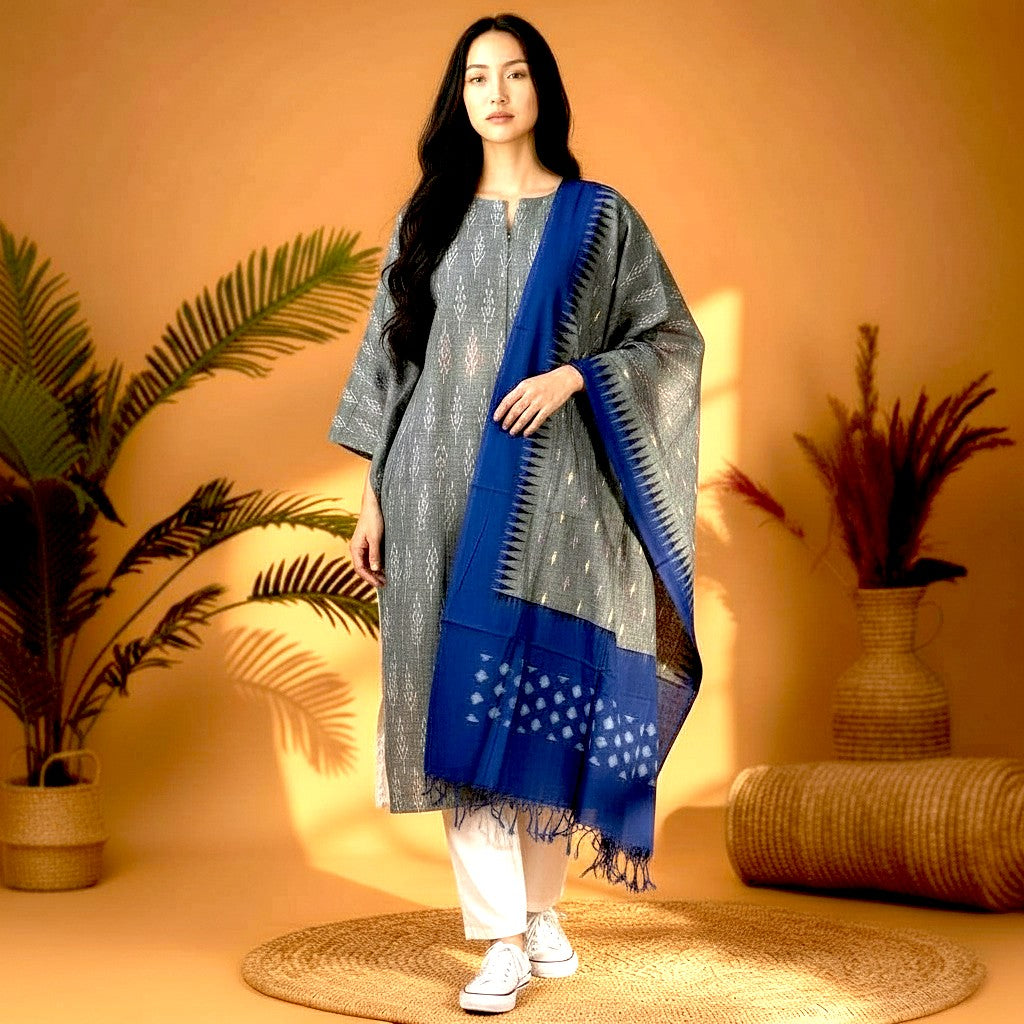 POCHAMPALLY DOUBLE IKKAT COTTON TOP GRAY PANT WHITE DUPATTA GRAY SUITE - pochampallysarees.com