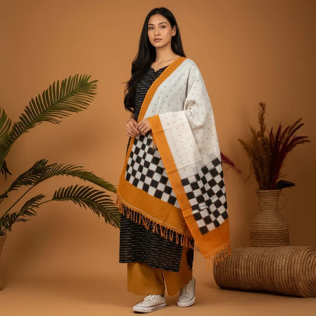 POCHAMPALLY DOUBLE IKKAT COTTON TOP BLACK PANT YELLOW DUPATTA CREAM SUITE - pochampallysarees.com