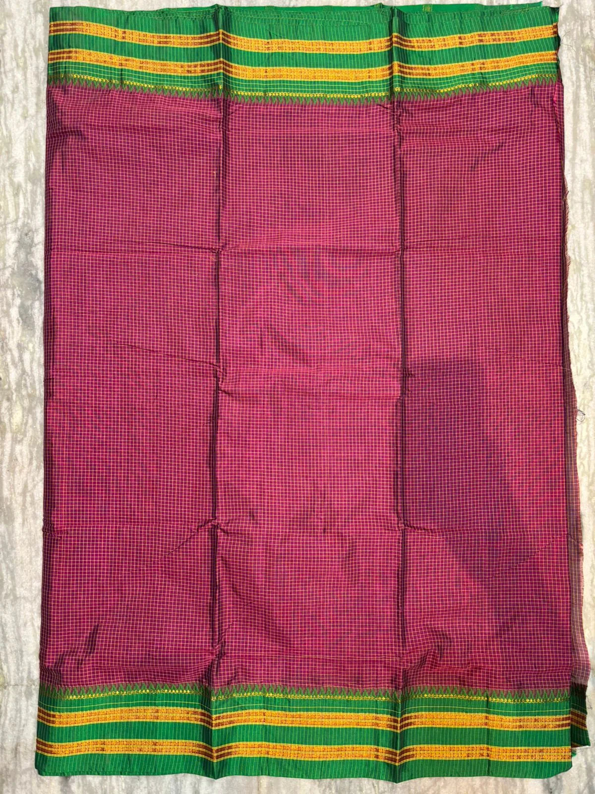 Pure Gadwal Silk Saree with Traditional Zari Checks and Contrast Kuttu Temple Border - pochampallysarees.com