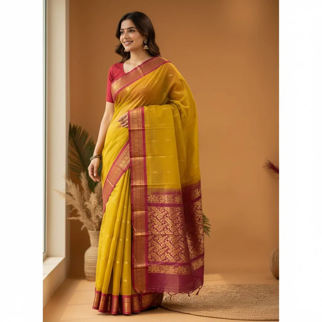 PURE GADWAL COTTON BODY BROWN BUTTI BORDER RED SARI WITHOUT BLOUSE - pochampallysarees.com