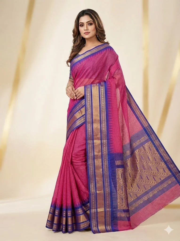 PURE GADWAL COTTON BODY PINK CHECKS BORDER BLUE SARI WITHOUT BLOUSE - pochampallysarees.com