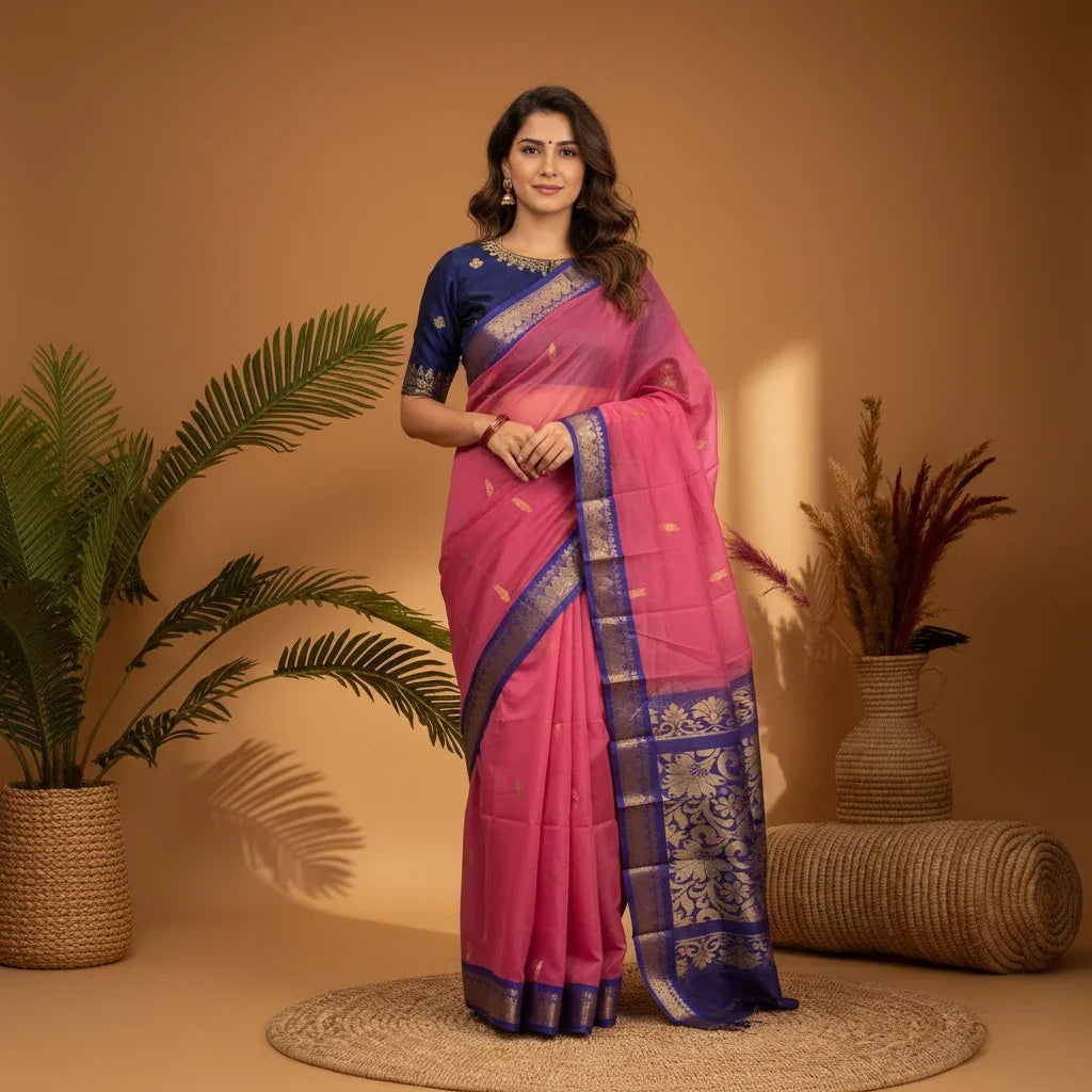 PURE GADWAL COTTON BODY PINK BUTTI BORDER BLUE SARI WITHOUT BLOUSE - pochampallysarees.com