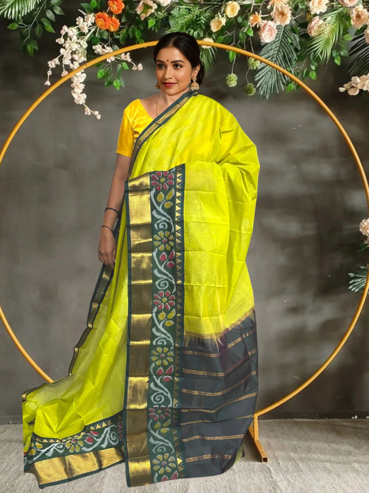 PURE GADWAL COTTON SARI LEMON YELLOW - pochampallysarees.com