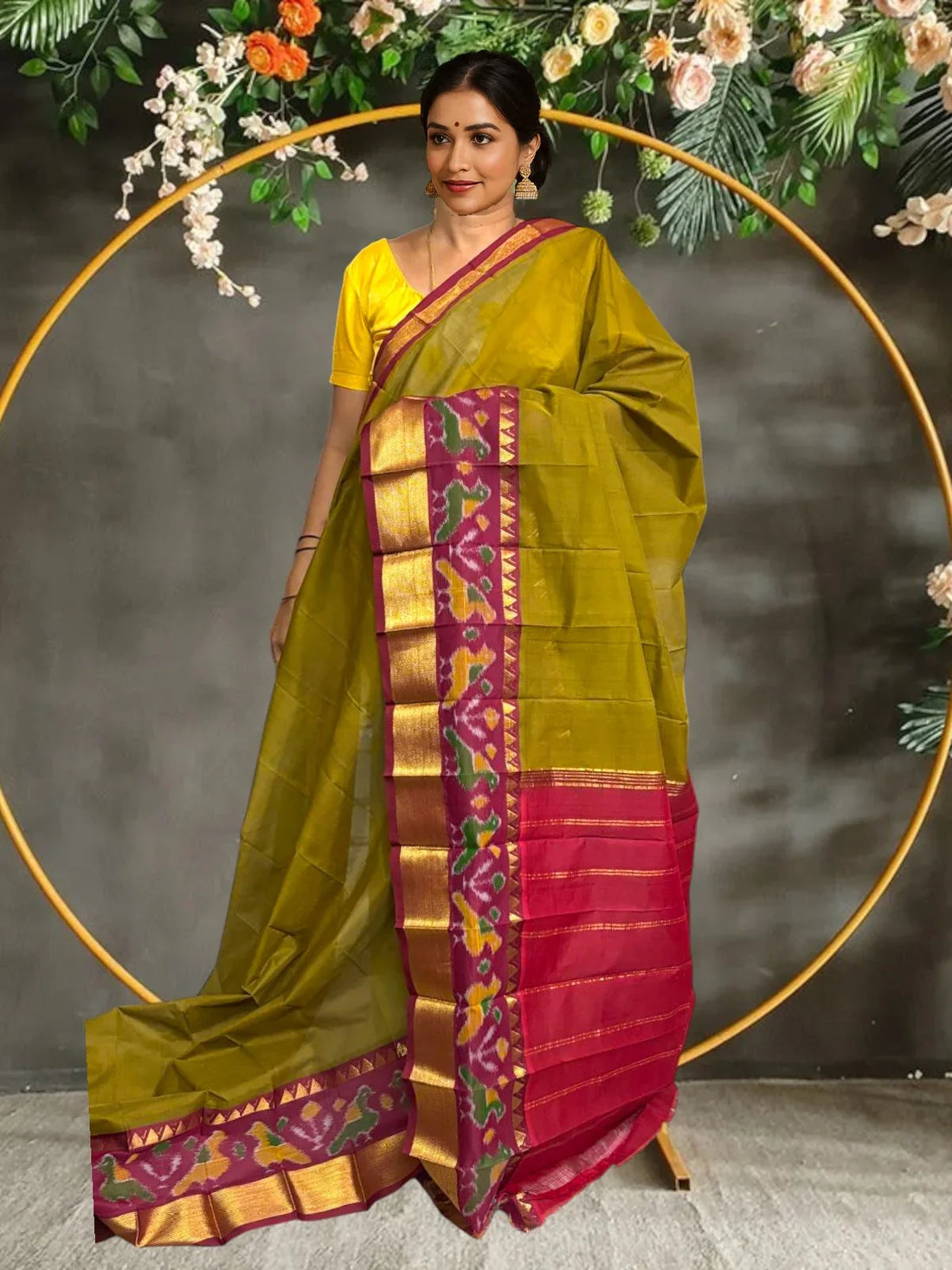 PURE GADWAL COTTON SARI OLIVE GREEN - pochampallysarees.com