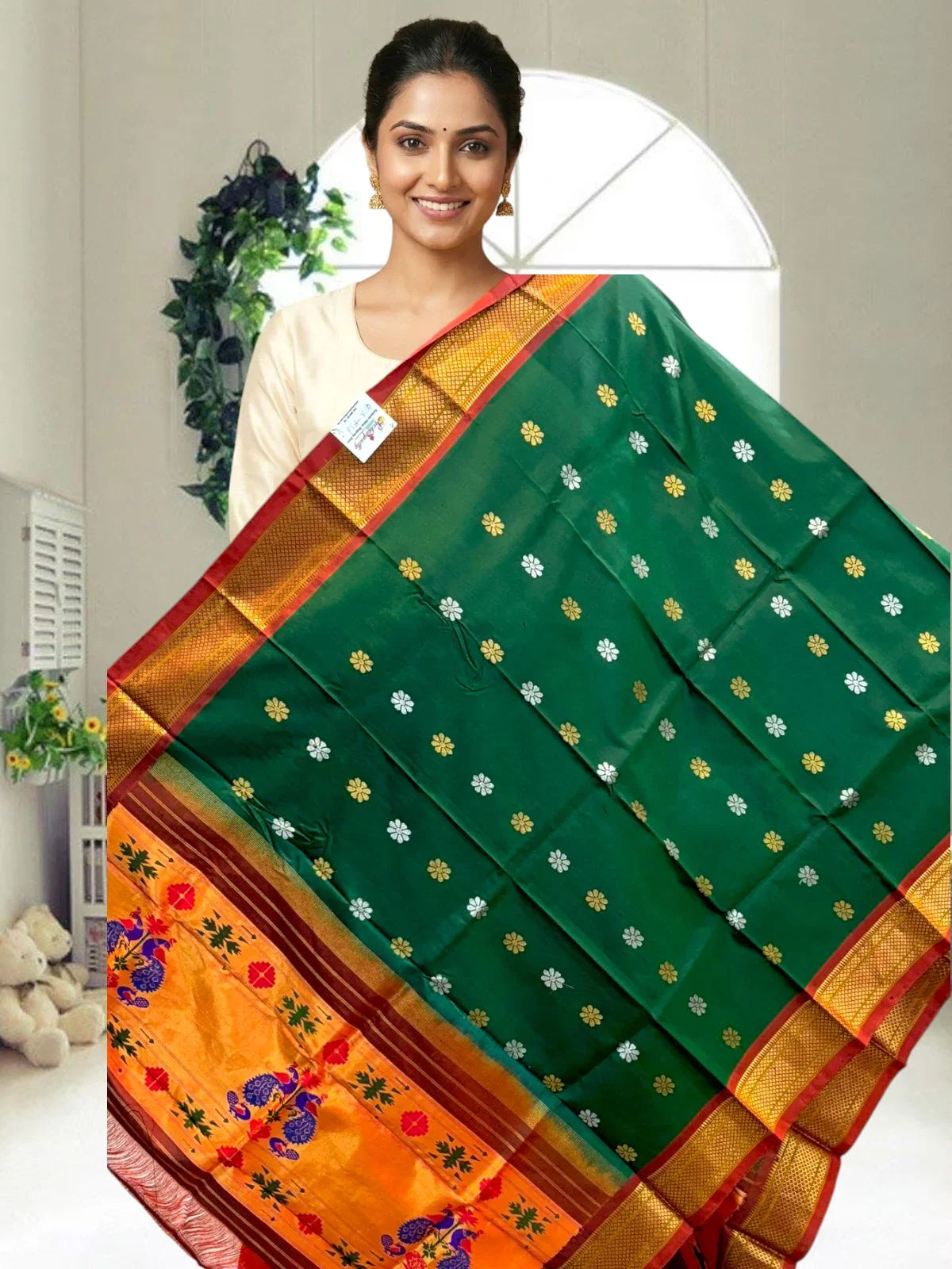 Authentic Handmade Gadwal Silk Dupatta - Bottle Green & Orange | Silk Mark Certified - pochampallysarees.com