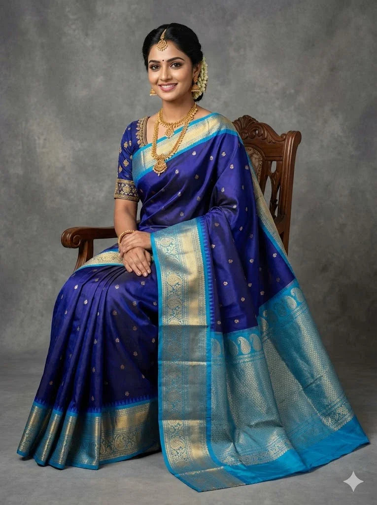 Pure Gadwal Silk Saree in Royal Blue & Turquoise | Rich Gold Zari Kuttu Border with Mango Motifs | Traditional Handloom Pattu Saree - pochampallysarees.com