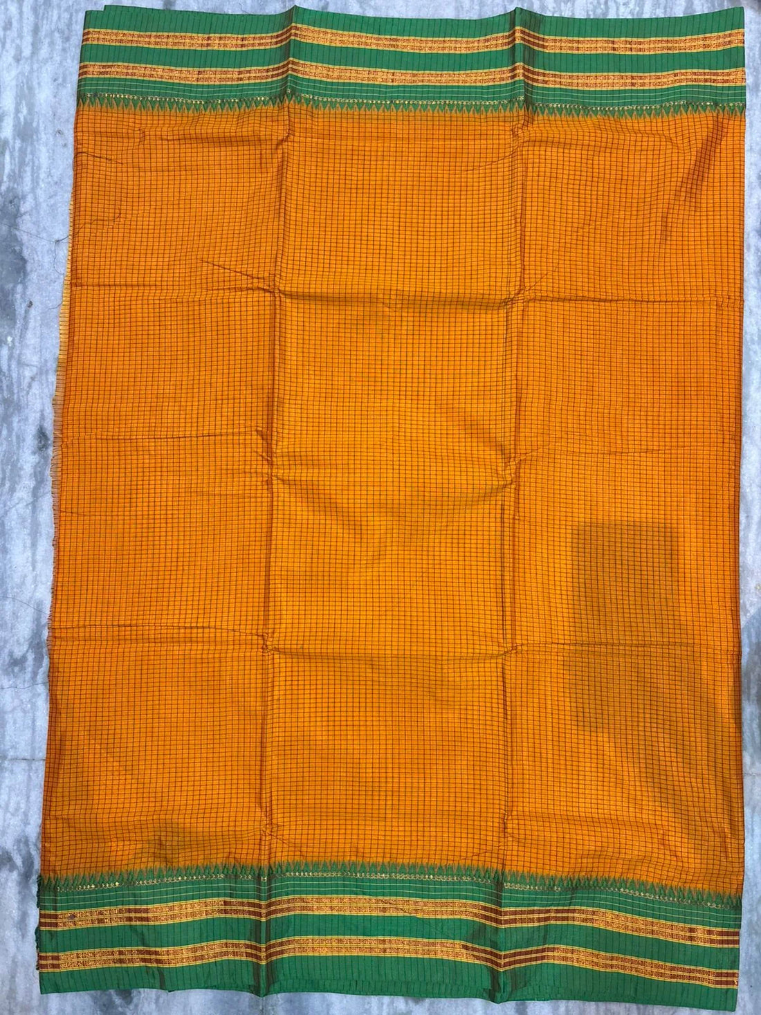 Authentic Mango Yellow & Emerald Green Gadwal Silk Saree | Checkered Handloom Saree with Zari Border - pochampallysarees.com