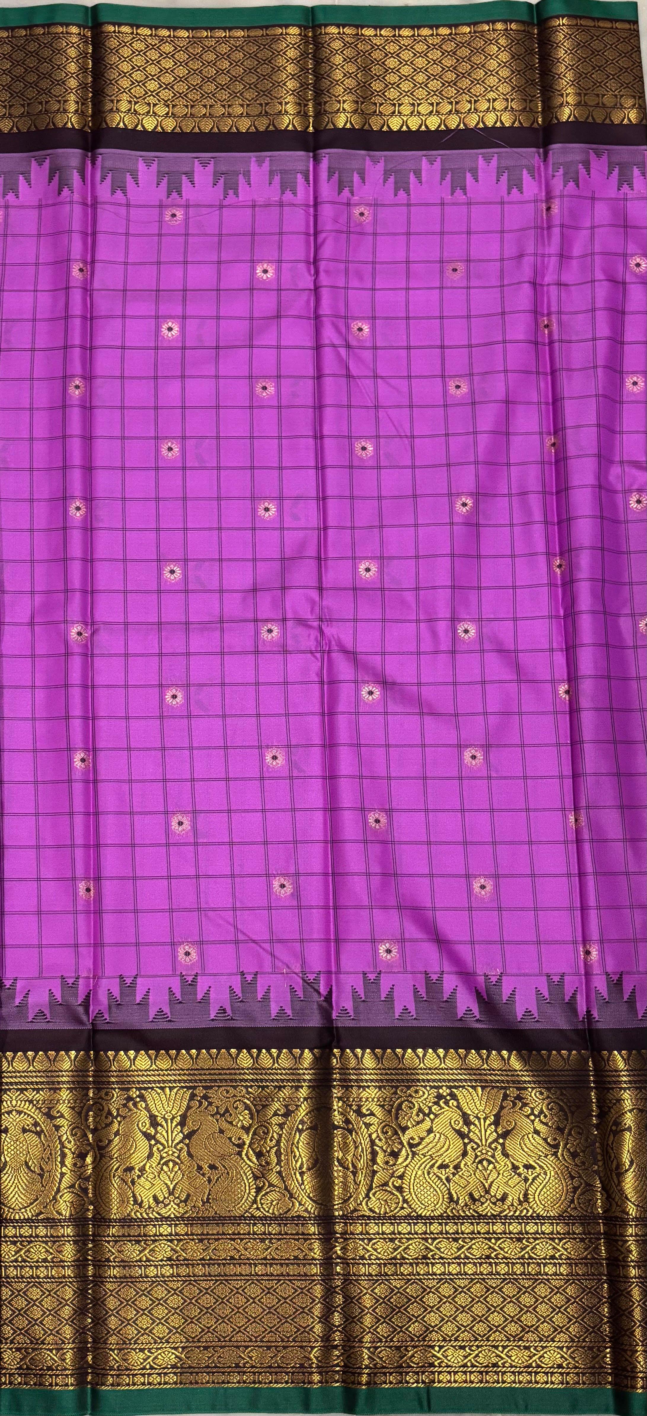 PURE GADWAL SILK PINK BODY BUTTI CHOCOLATE PALLU CHOCOLATE BIG BORDER AND BLOUSE BLUE SAREE - pochampallysarees.com