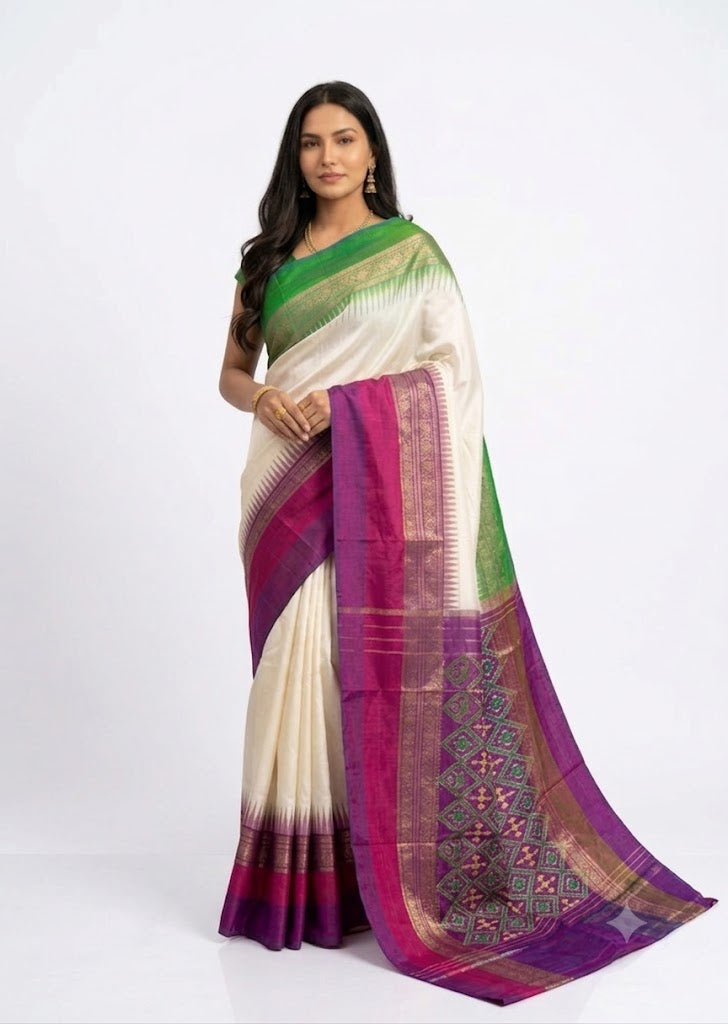 Elegant Indian woman standing in a pure Pochampally Ikat silk saree featuring an ivory white body, emerald green border, and royal magenta pallu.