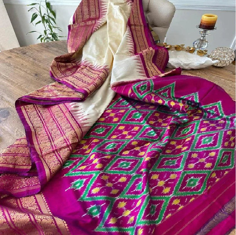 IKKAT-SAREE-CREAM-WITH-PURPLE-KANCHI-BORDER-SAREE-WITH-BLOUSE-SAME-AS-IKKAT-DESIGN - pochampallysarees.com