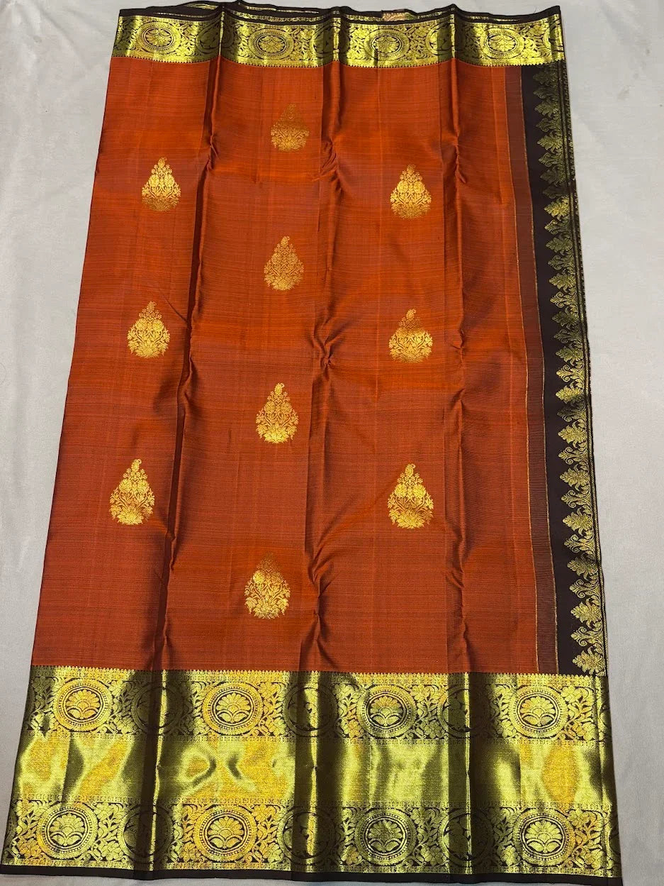 Pure Kanchipuram Silk Saree in Rust Orange with Contrast Brown Zari Border | Silk Mark Certified - pochampallysarees.com