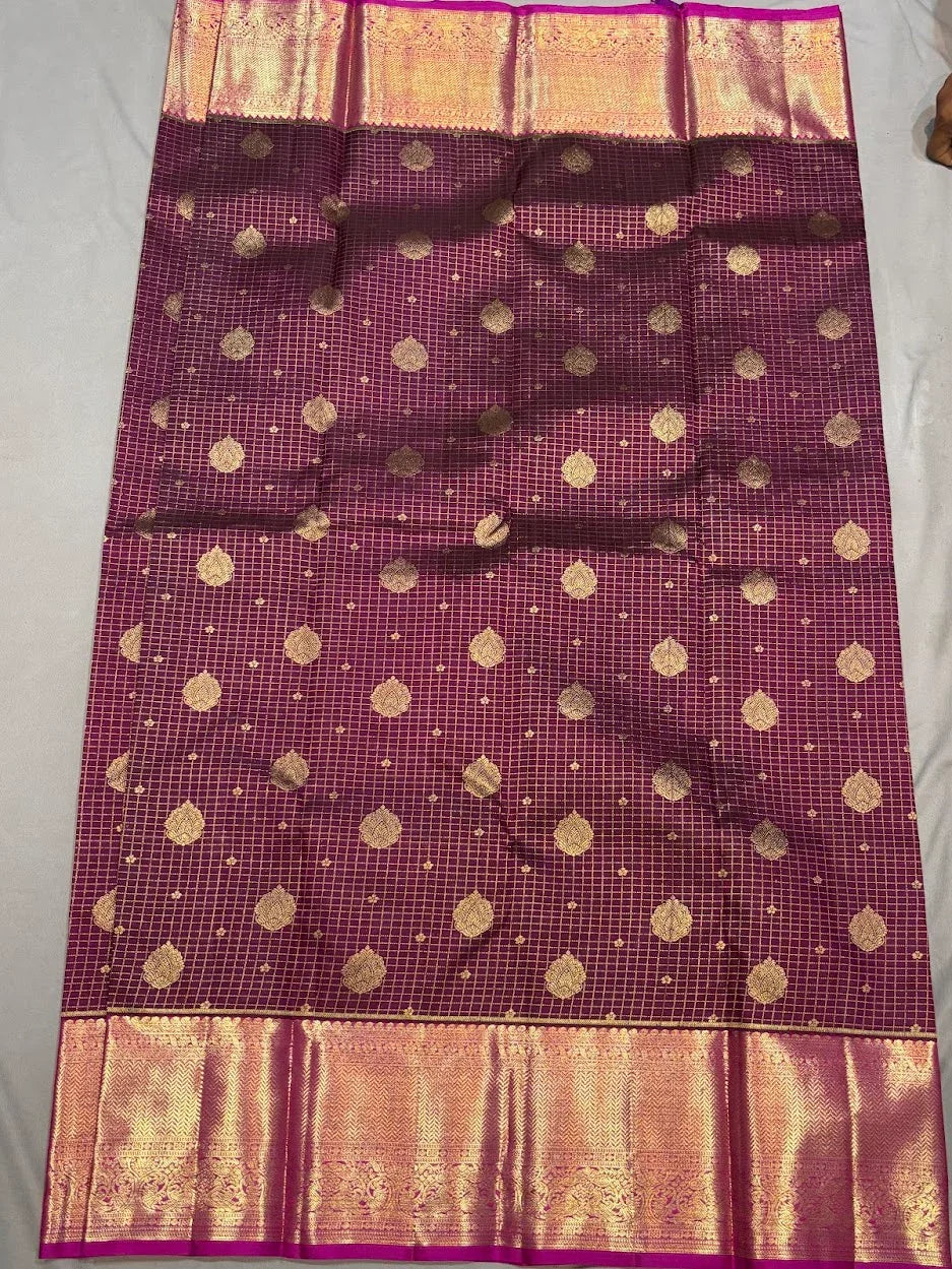 Authentic Deep Wine & Magenta Kanchipuram Silk Saree with Gold Zari Checks & Peacock Motifs - pochampallysarees.com