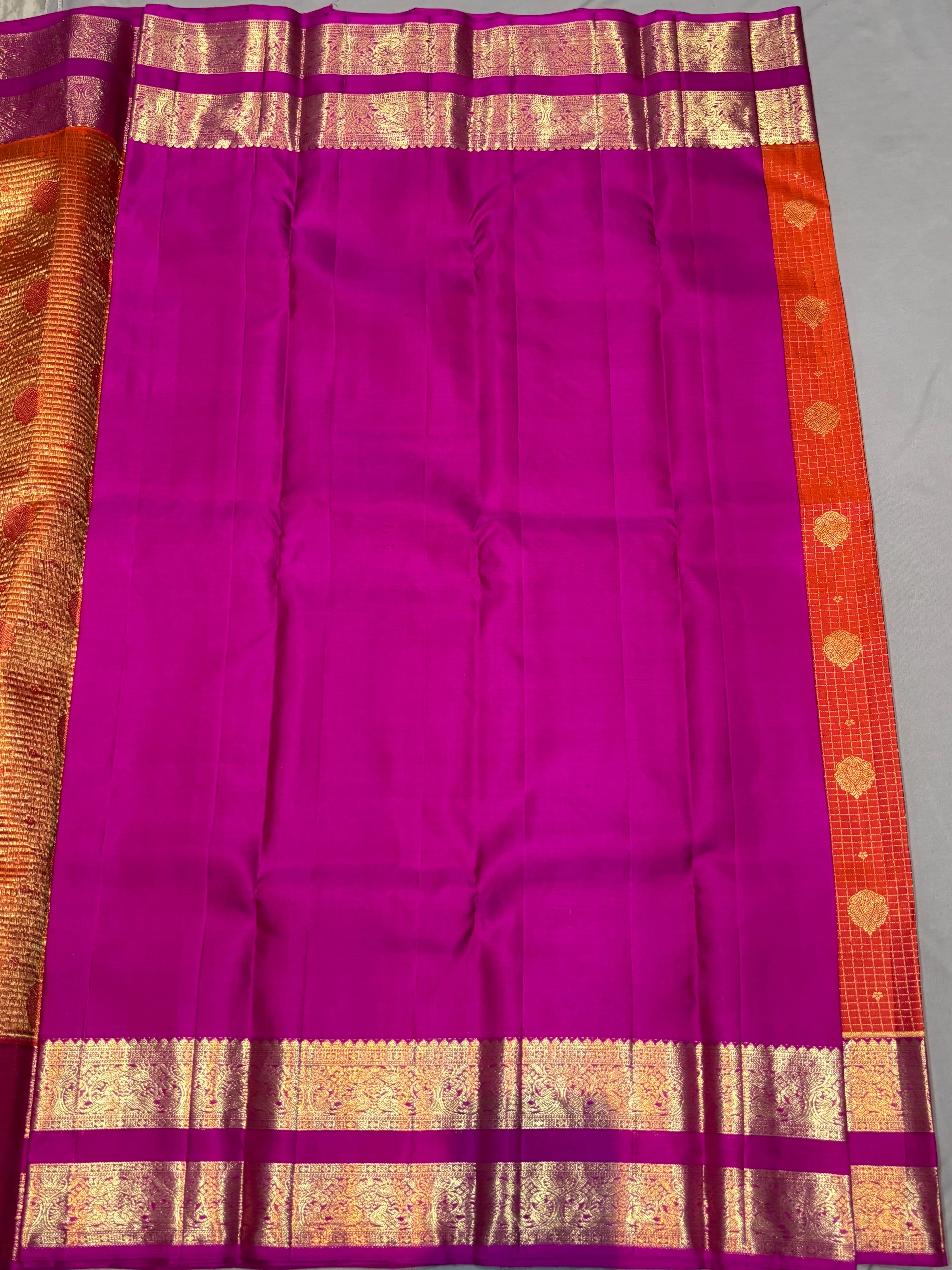 Vibrant Orange Pure Kanchi Pattu Saree with Magenta Gold Zari Border | Traditional Wedding Silk - pochampallysarees.com