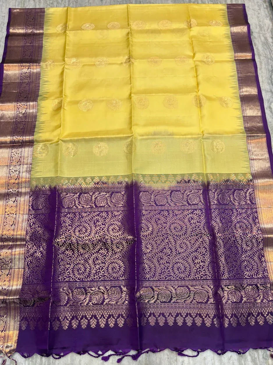 Pure Kanchipuram Pattu Saree with gold zari border Cream Lavender Saree