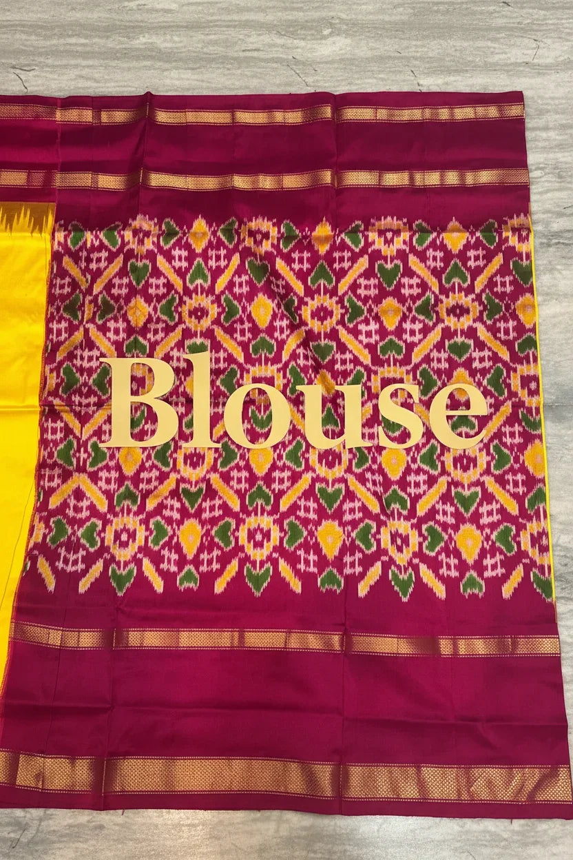 Exquisite Handloom Pochampally Silk Saree in Vibrant Yellow & Deep Pink with Traditional Ikat Patterns - pochampallysarees.com