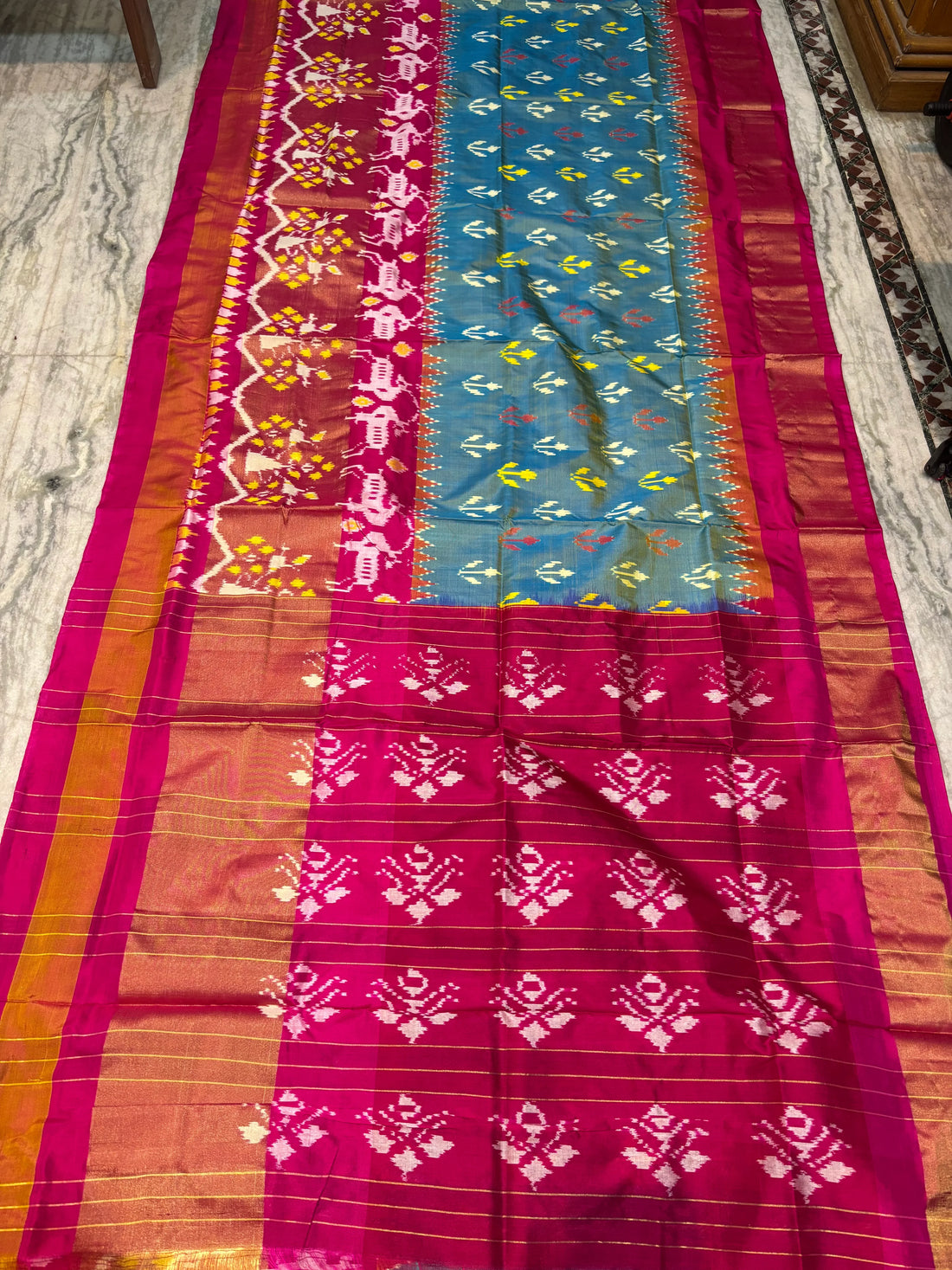 Exquisite Light Blue and Pink Patola Style Ikat Silk Saree - pochampallysarees.com